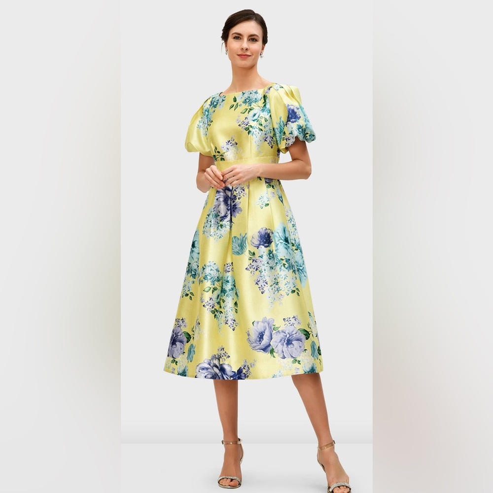 eShakti Puff Sleeve Floral Dupioni Dress